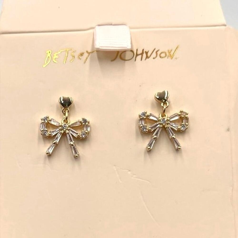Betsey Johnson Gold Dainty Baguette Crystal Heart Bow Drop Earrings New